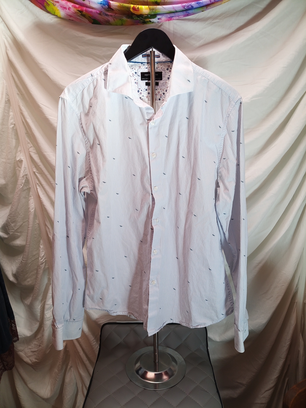 Denim & Flower Light Blue Pinstripe Dress Shirt with Navy Micro Accents
